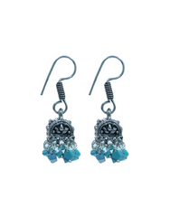 Pair of Small Ethnic Jhumkis With Blue Turquoise Beads in Silver Alloy High Finish for Women and Girls