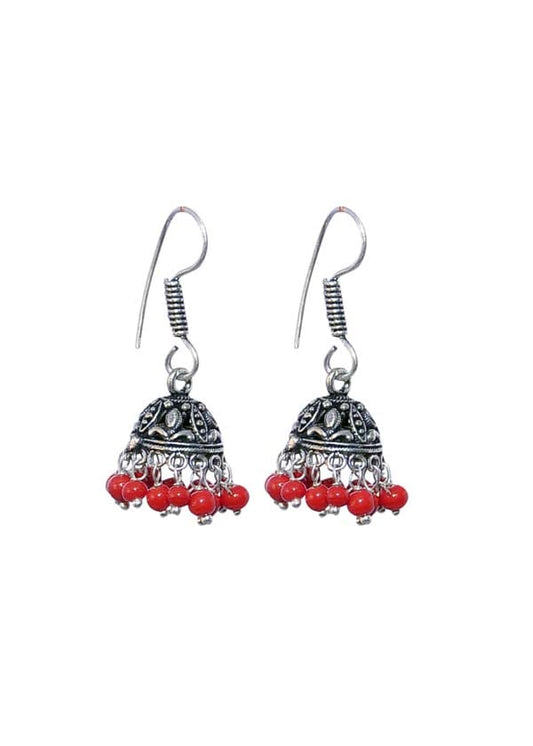 Designer and traditional Jhumkis with RED colored beads in Silver Alloy