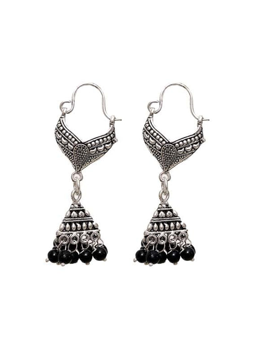 Designer pair of Jhumkis in Black Beads in Silver Alloy
