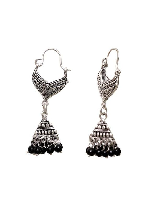Designer pair of Jhumkis in Black Beads in Silver Alloy