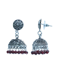 Unique Pair of Ethnic Jhumki Earrings in Silver Alloy With Red Beads
