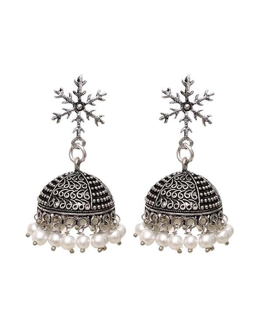 Unique pair of Ethnic Jhumki Earrings with Push Back in Silver Alloy High Finish