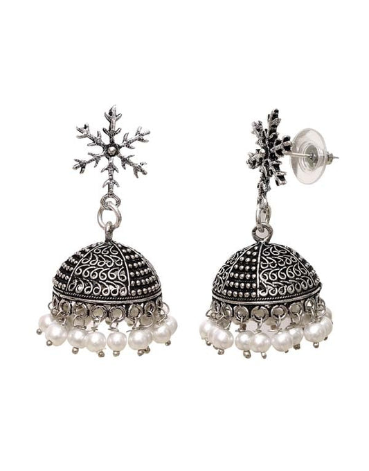 Unique pair of Ethnic Jhumki Earrings with Push Back in Silver Alloy High Finish