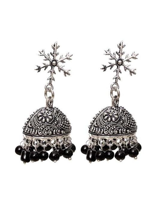 Designer pair of Jhumkis in Black Beads in Silver Alloy