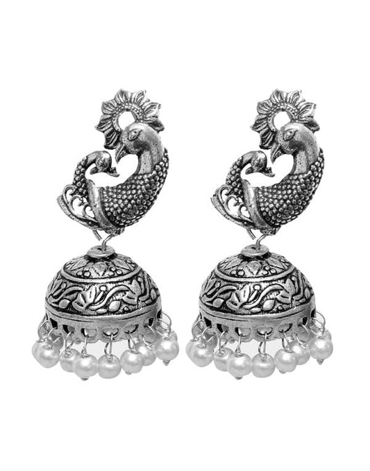 Designer pair of Jhumkis in Pearl with Push Back in Silver Alloy