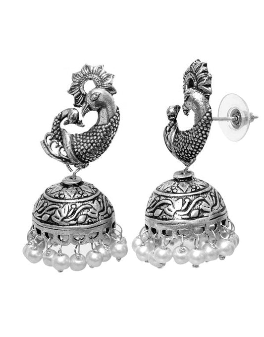 Designer pair of Jhumkis in Pearl with Push Back in Silver Alloy