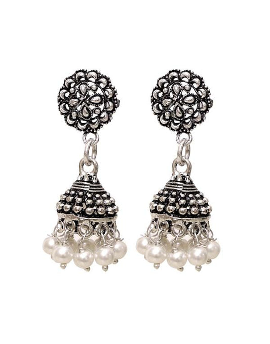 Cute pair of Ethnic Jhumki Earrings Pearls with Push Back in Silver Alloy
