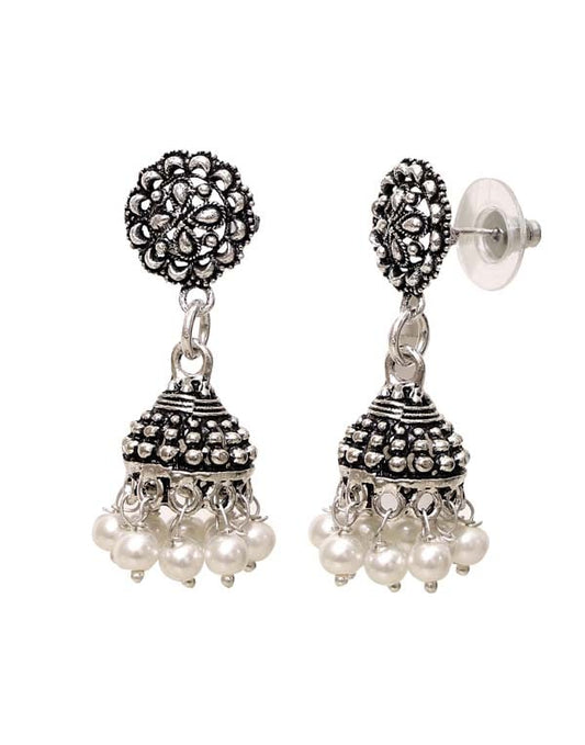 Cute pair of Ethnic Jhumki Earrings Pearls with Push Back in Silver Alloy