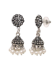 Cute pair of Ethnic Jhumki Earrings Pearls with Push Back in Silver Alloy