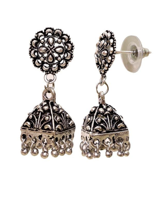 Indian Look Designer Jhumkis with Push Back in Silver Alloy
