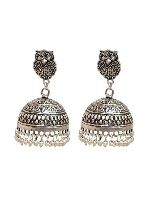 Big and Beautiful Jhumka Earrings with Push Back in Silver Alloy