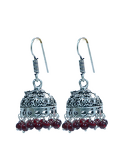 Small Jhumkas in Silver Alloy with Red Beads