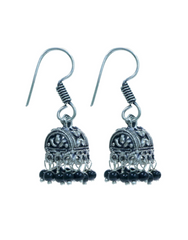 Small Ethnic Jhumkis With Black Beads in Silver Alloy High Finish