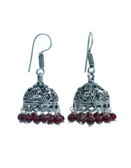 Small Jhumkas in Silver Alloy with Red Beads