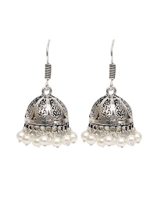 Everday wear Jhumkis in Silver Alloy and Pearl with Ear Wire in Silver Alloy