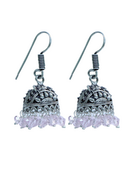 Pair of Boat Shape Jhumkis in Silver Alloy with Pink Beads High Finish