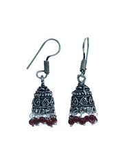 Pair of Small Ethnic Jhumkis in Silver Alloy and Red Beads
