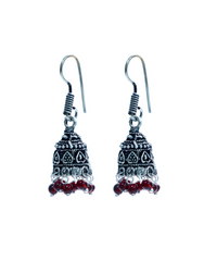 Pair of Small Ethnic Jhumkis in Silver Alloy and Red Beads