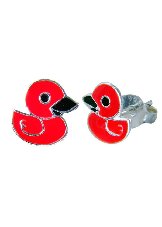 Sterling Silver Cute Red Duck Studs Earrings
