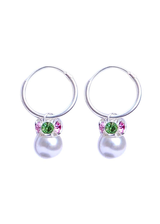 White Pearl with colorful CZ in 92.5 Sterling Silver Hoop Earrings