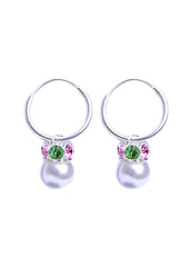 White Pearl with colorful CZ in 92.5 Sterling Silver Hoop Earrings