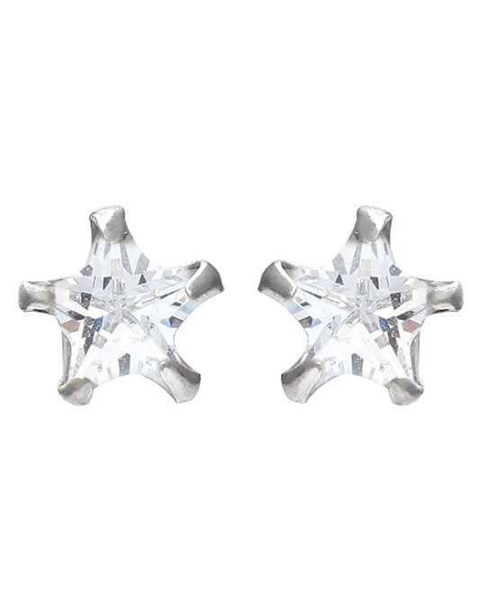 Sterling Silver pair of Star shape 6 mm Stud Earrings with Single White Cubic Zircon (CZ) Stone Solitaire