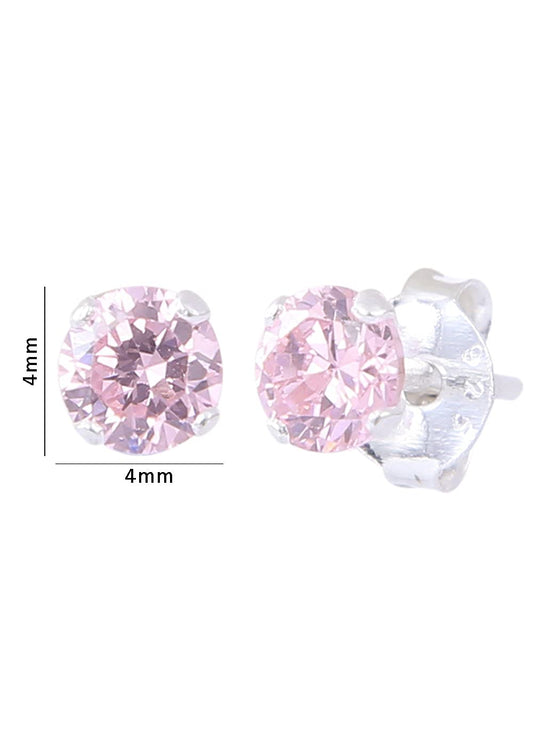 92.5 Sterling Silver Pair of Round Pink 4 mm Stone Piercing Stud Earrings