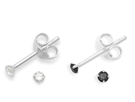 Sterling Silver COMBO of Round shape 2mm Single White and Black Cubic Zircon (CZ) Stone Solitaire Stud Earrings