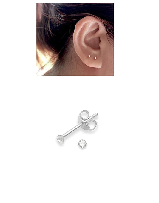 Sterling Silver COMBO of Round shape 2mm Single White and Black Cubic Zircon (CZ) Stone Solitaire Stud Earrings