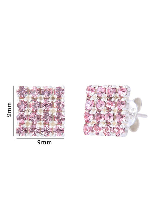 92.5 Silver Square Studs Unisex Earrings in Silver and Pink Cubic Zirconia CZ