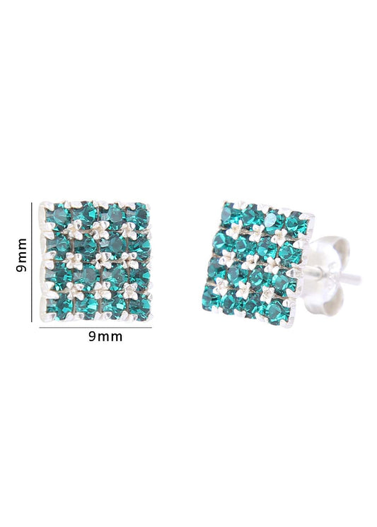 92.5 Sterling Silver Square Studs Unisex Earrings in Silver and Green Cubic Zirconia CZ