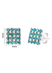 92.5 Sterling Silver Square Studs Unisex Earrings in Silver and Green Cubic Zirconia CZ