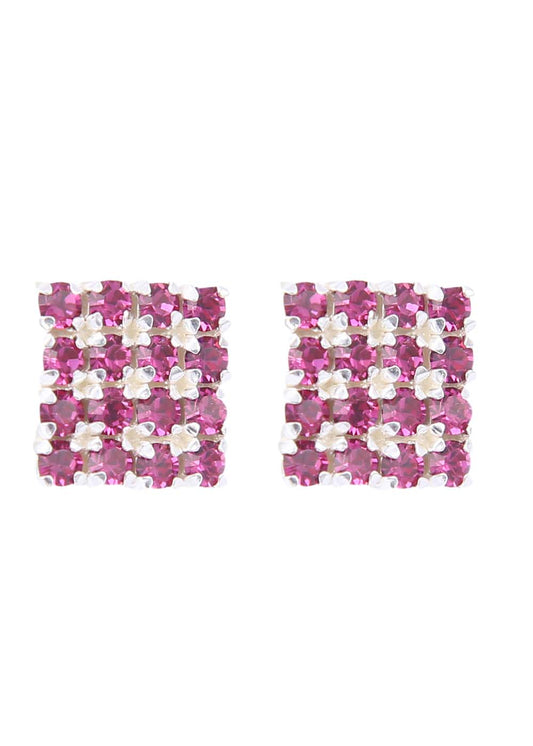 92.5 Sterling Silver Square Studs Unisex Earrings in Silver and Pink Cubic Zirconia CZ