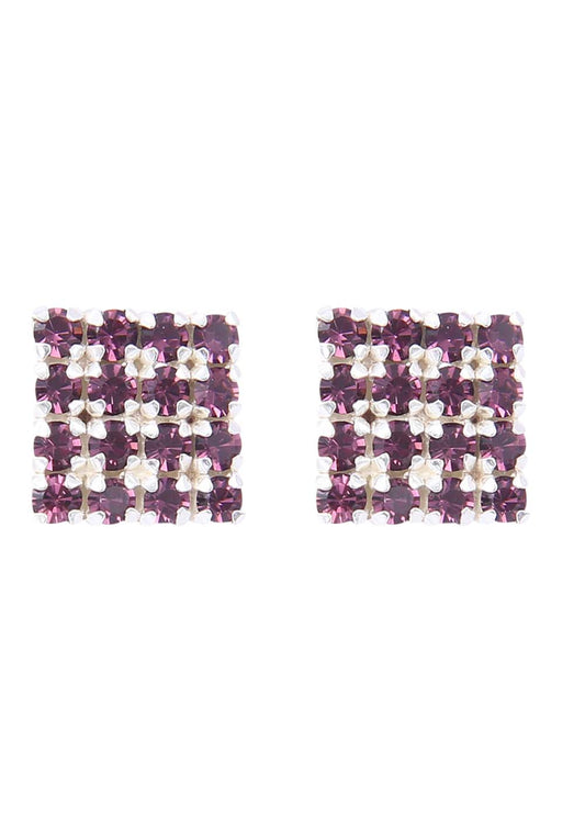 92.5 Sterling Silver Square Studs Unisex Earrings in Silver and Purple Cubic Zirconia CZ