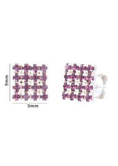 92.5 Sterling Silver Square Studs Unisex Earrings in Silver and Purple Cubic Zirconia CZ