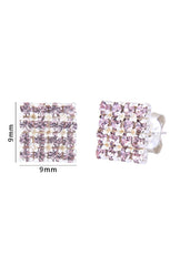 92.5 Sterling Silver Square Studs Unisex Earrings in Silver and Purple Cubic Zirconia CZ
