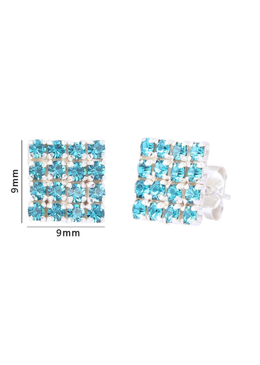 92.5 Sterling Silver Square Studs Unisex Earrings in Silver and Blue Cubic Zirconia CZ