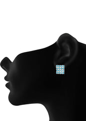 92.5 Sterling Silver Square Studs Unisex Earrings in Silver and Blue Cubic Zirconia CZ