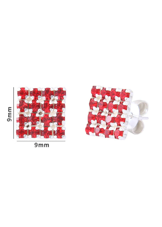 92.5 Sterling Silver Square Studs Unisex Earrings in Silver and Red Cubic Zirconia CZ