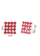 92.5 Sterling Silver Square Studs Unisex Earrings in Silver and Red Cubic Zirconia CZ