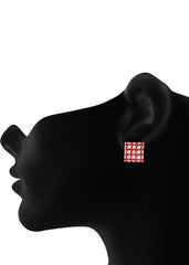 92.5 Sterling Silver Square Studs Unisex Earrings in Silver and Red Cubic Zirconia CZ