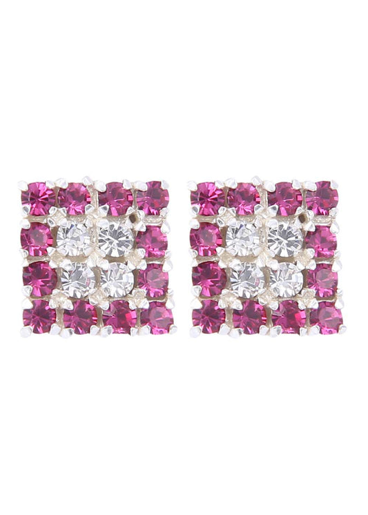 92.5 Sterling Silver Square Studs Unisex Earrings in Silver and Pink and White Cubic Zirconia CZ