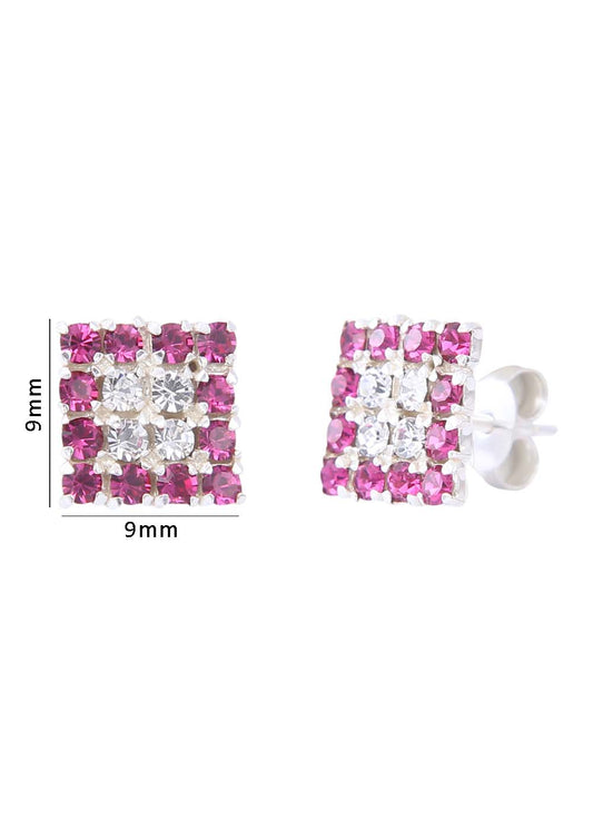92.5 Sterling Silver Square Studs Unisex Earrings in Silver and Pink and White Cubic Zirconia CZ