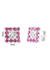 92.5 Sterling Silver Square Studs Unisex Earrings in Silver and Pink and White Cubic Zirconia CZ