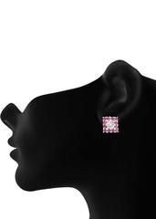 92.5 Sterling Silver Square Studs Unisex Earrings in Silver and Pink and White Cubic Zirconia CZ