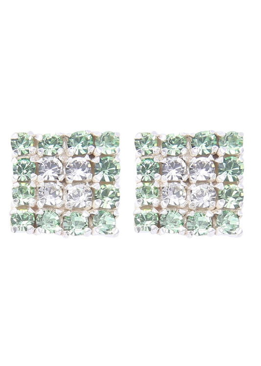 92.5 Sterling Silver Square Studs Unisex Earrings in Silver and Green And White Cubic Zirconia CZ