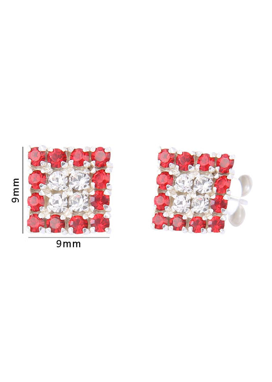 92.5 Sterling Silver Square Studs Unisex Earrings in Silver and Red and White Cubic Zirconia CZ f