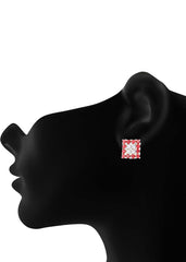 92.5 Sterling Silver Square Studs Unisex Earrings in Silver and Red and White Cubic Zirconia CZ f