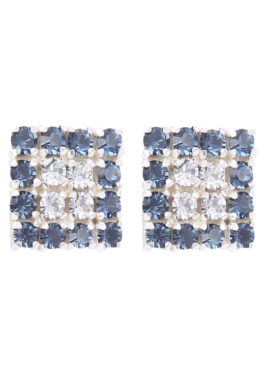 92.5 Sterling Silver Square Studs Unisex Earrings in and Blue and White Cubic Zirconia CZ