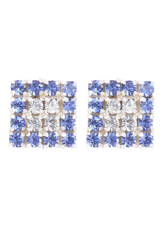 92.5 Sterling Silver Square Studs Unisex Earrings and Blue and White Cubic Zirconia